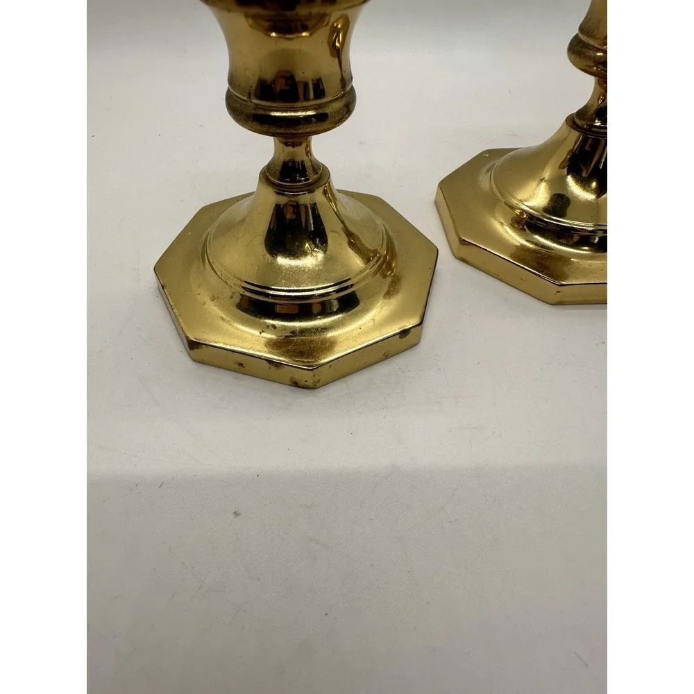 Pair Vintage Solid Brass‎ Octagon Base Candlestick Holders 3.5